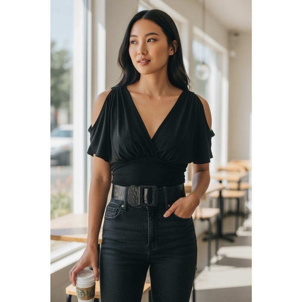 Vintage Y2K Style Tunic Length Belted Cold Shoulder Black Shirt Womens M New